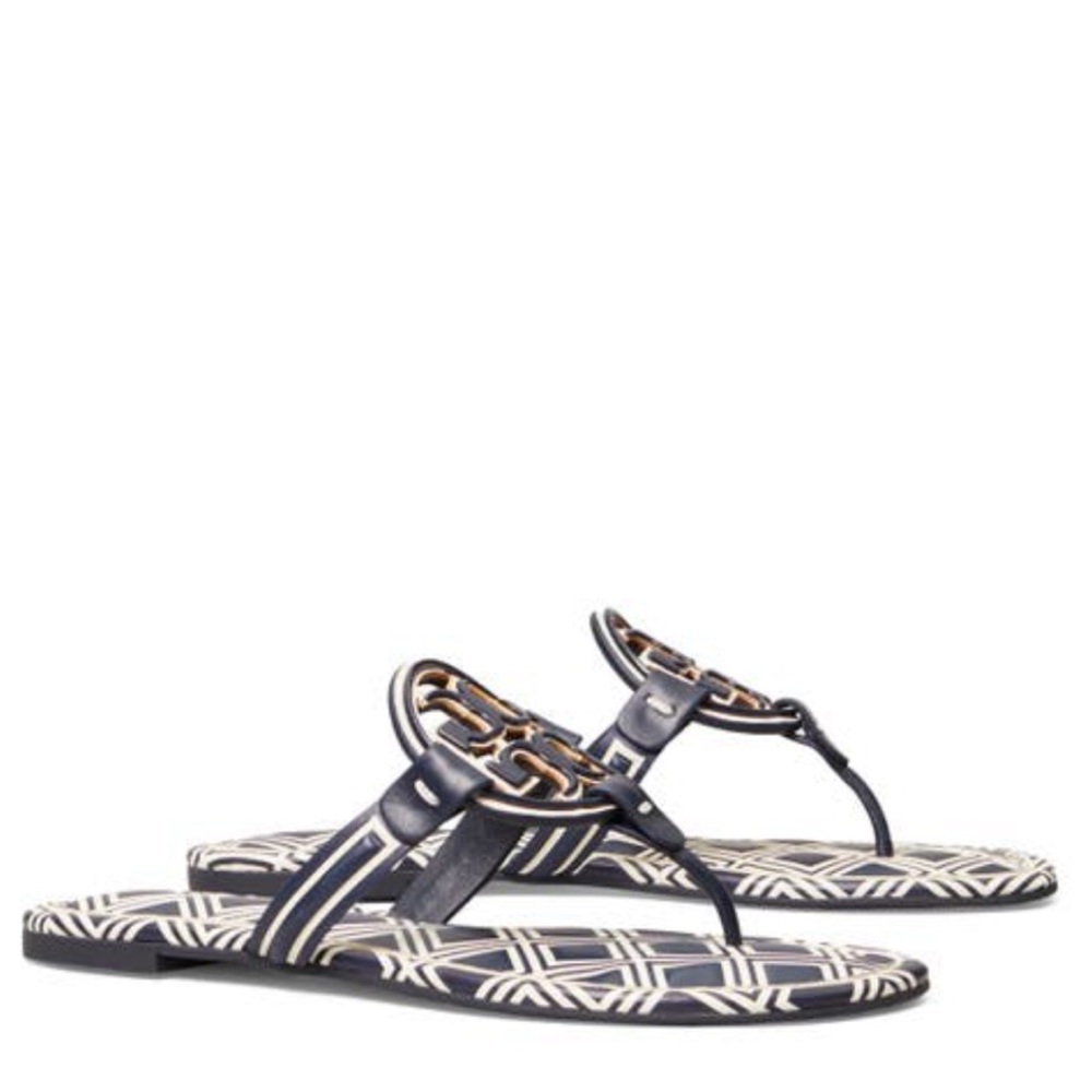 Tory Burch Miller Perfect Navy/Ivory Logo Thongs Sandals Size 9
